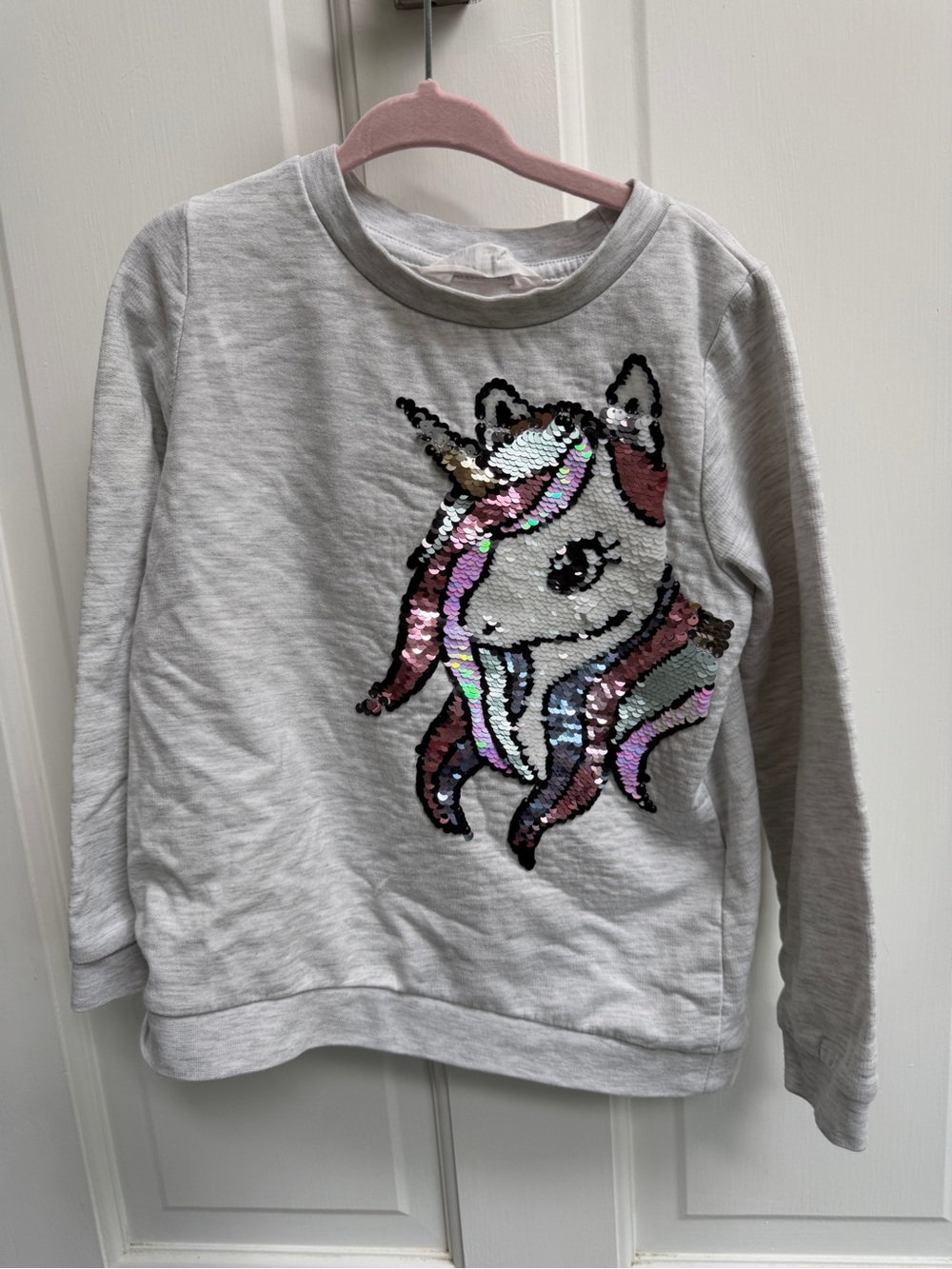 H&M Girls 4 - 6 Y Light Gray Moving Sequin Unicorn Cree Neck Sweatshirt Sweater